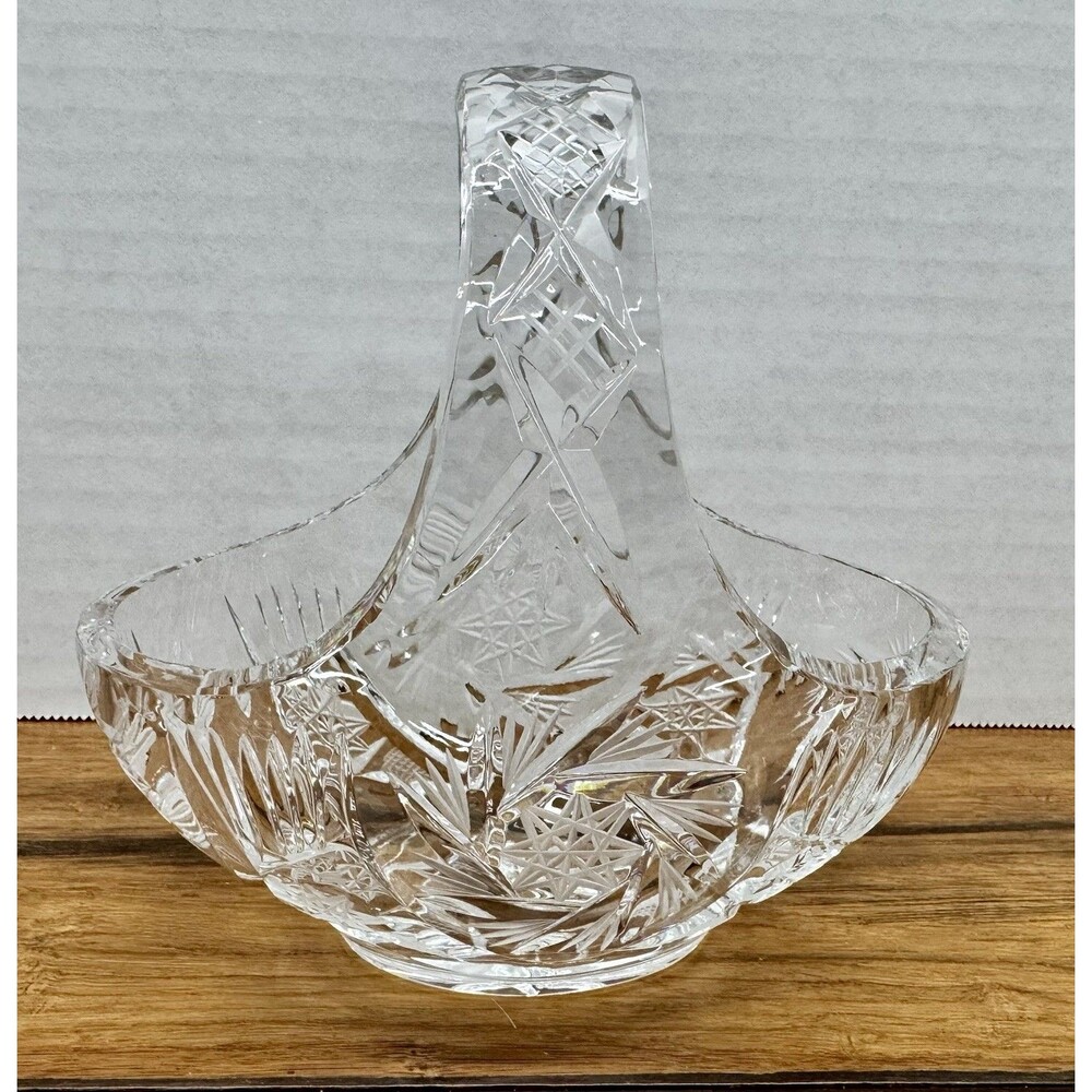 Caesar Bohemia Crystal 6" Hand Cut Basket Czech Republic Etched Whirling Stars